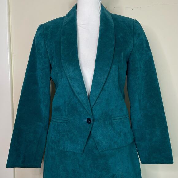 Vintage Samuel Robert by Peter Hatsi Androu Teal Ultra Suede Skirt Suit - Picture 3 of 12